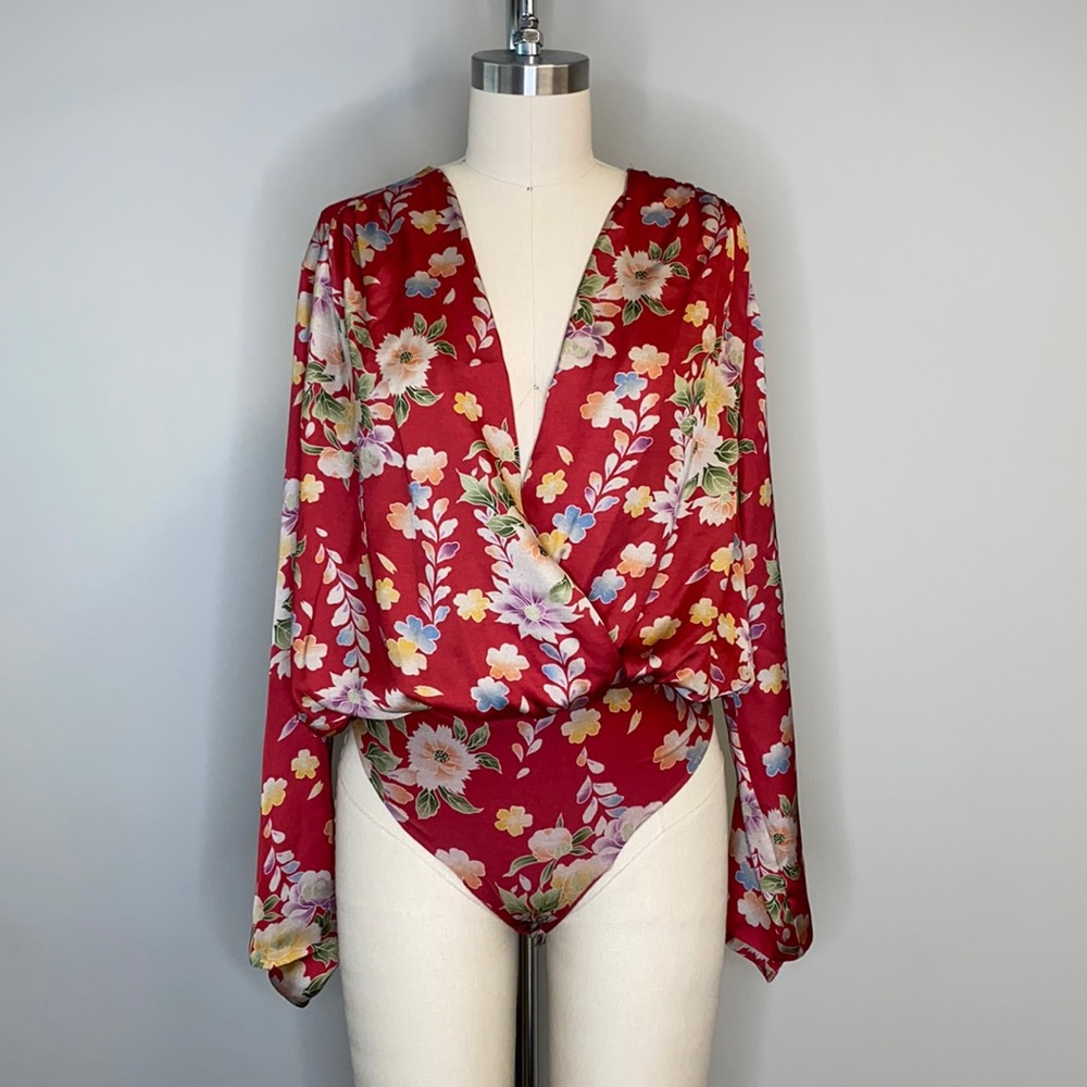 Zara Red Floral Deep V-Neck Bodysuit